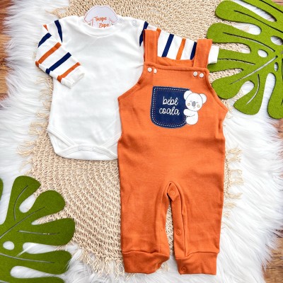 Conj. Body Manga Longa e Jardineira Bebê Coala - Ferrugem, Off White e Marinho